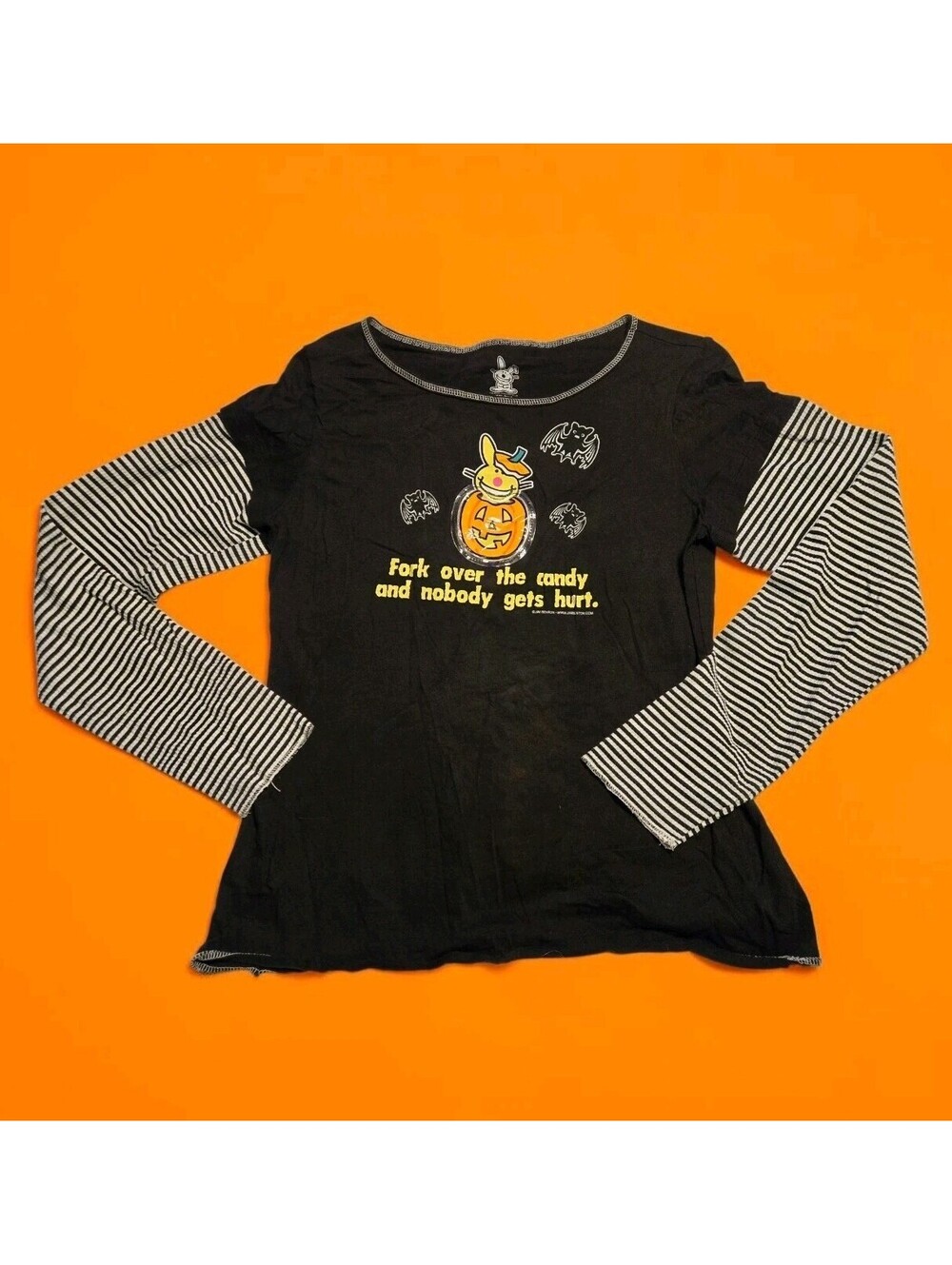 Vtg Y2K Its Happy Bunny Halloween Shirt Sz XXL Jim Benton Twofer Striped Emo